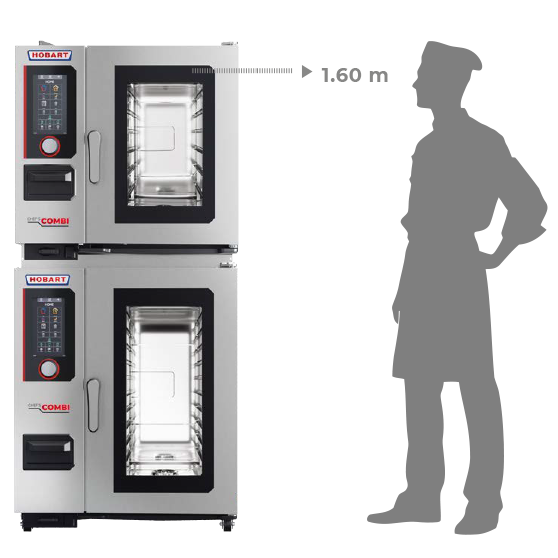 Dos hornos combinados apilados con paneles de control digitales y puertas de vidrio – una silueta humana a la derecha muestra la altura de 1,60 m del horno superior.