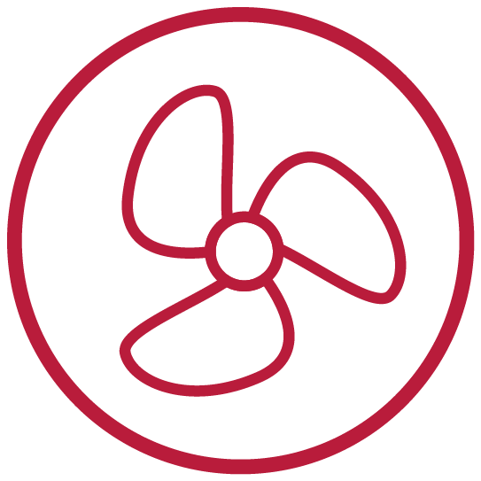 Un círculo rojo con un ventilador – representa la circulación de aire o la ventilación.
