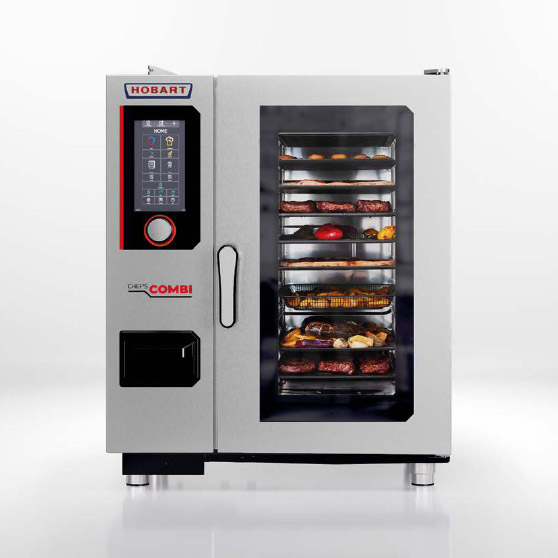 Horno combinado profesional CHEF'S COMBI con carcasa de acero inoxidable, puerta de vidrio y panel de control digital – se ven varias bandejas con carne y verduras en proceso de cocción.