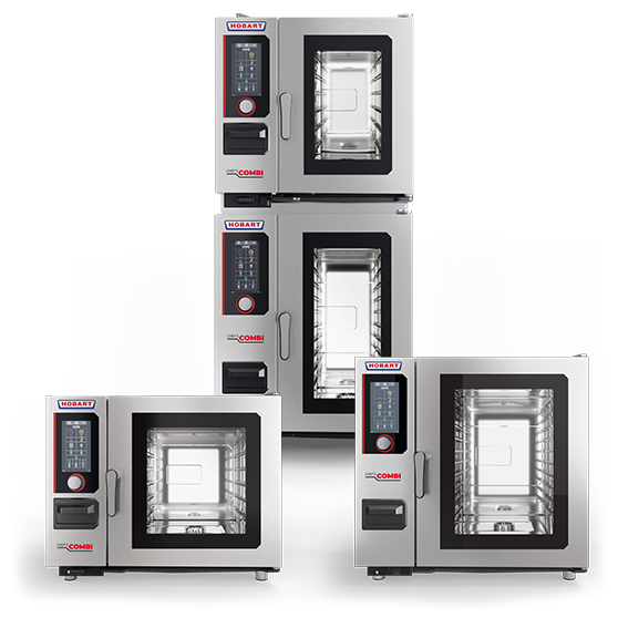 Cuatro hornos combinados profesionales CHEF'S COMBI de HOBART en acero inoxidable con puertas de vidrio y controles digitales, dispuestos en pila y en paralelo.