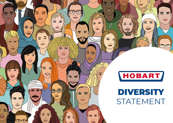 Ilustración de muchas personas diversas como símbolo de inclusión y equidad, junto al logotipo de HOBART con el texto “Diversity Statement” que refleja el compromiso empresarial con la diversidad.