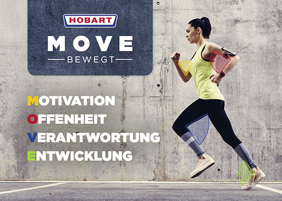 [Translate to es_ES:] Runner in front of concrete wall with HOBART MOVE logo and values: Motivation, Openness, Responsibility, and Development. Represents movement, fitness, and company initiative for employee growth.