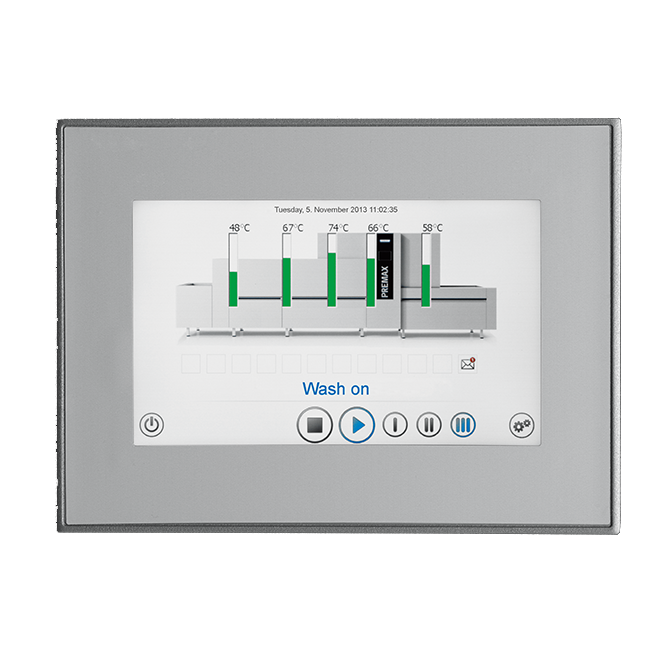 Touchscreen control panel of a PREMAX dishwasher showing washing zones and temperature indicators, including start, pause, and settings icons for professional kitchen use.