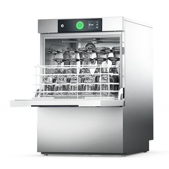 Lavavasos HOBART de acero inoxidable con puerta abierta y cesta llena de vasos limpios para hostelería y bares