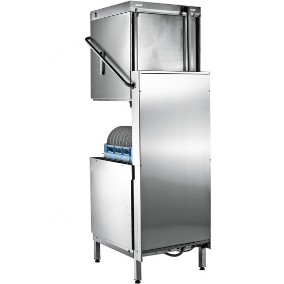 Lavavajillas industrial HOBART de acero inoxidable con cesta para platos, ideal para limpieza eficiente e higiénica en cocinas profesionales.