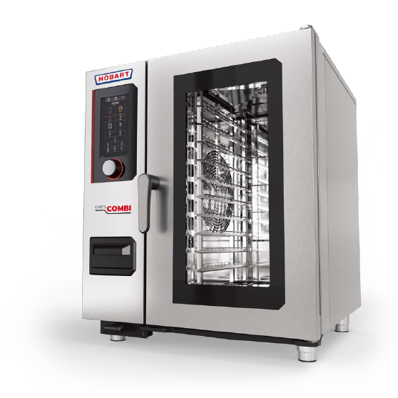 Horno mixto HOBART CHEF COMBI con gran ventana, carcasa de acero inoxidable y panel de control táctil intuitivo, ideal para cocción profesional al vapor y con aire caliente en cocinas industriales.