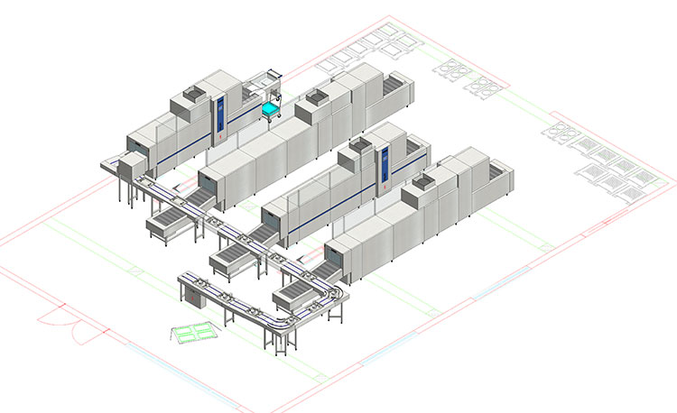 Planificación 3D de una HOBART FLOW Line autoLINE en una moderna zona de lavado, sistema de lavado automático con varias máquinas y cinta transportadora para limpieza eficiente de vajilla y bandejas, estructura de acero inoxidable para procesos higiénicos y optimizados.
