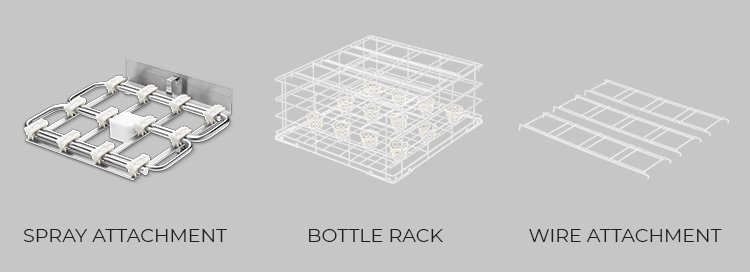 Three accessories for commercial dishwashers: spray attachment with nozzles for intensive cleaning, wire bottle rack for secure placement, and wire insert for flexible configuration – perfect for hospitality and catering.