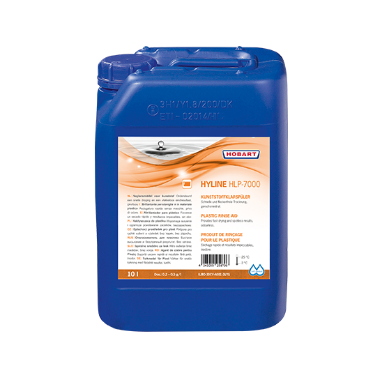 Abrillantador para plástico HOBART HYLINE HLP-7000 en envase de 10 litros para lavavajillas profesionales, diseñado para vajilla de plástico, garantiza secado sin marcas y resultados perfectos en hostelería y grandes cocinas.