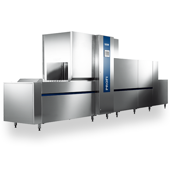 Lavavajillas de cinta HOBART PROFI para cocinas industriales, sistema de lavado automático con estructura de acero inoxidable y tecnología eficiente para limpieza higiénica de vajilla y vasos.