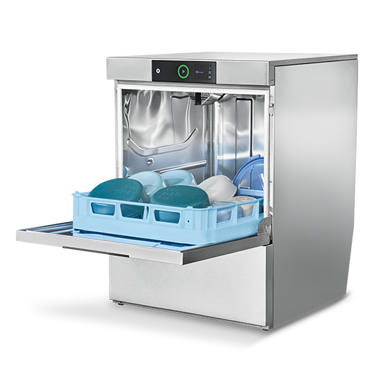 Lavavajillas bajo mostrador HOBART de acero inoxidable con puerta abierta y cesta cargada con platos y cuencos, equipado con panel de control moderno y tecnología eficiente para hostelería y grandes cocinas.