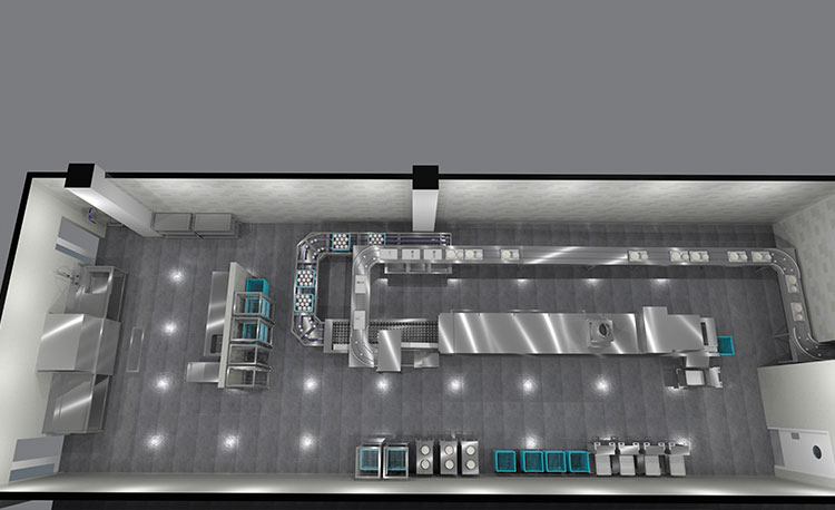 Planificación de ejemplo de una HOBART FLOW Line autoLINE vista desde arriba, sistema de lavado automático con cinta transportadora larga y curvas para limpieza eficiente de vajilla y vasos, estructura de acero inoxidable para procesos higiénicos y optimizados.