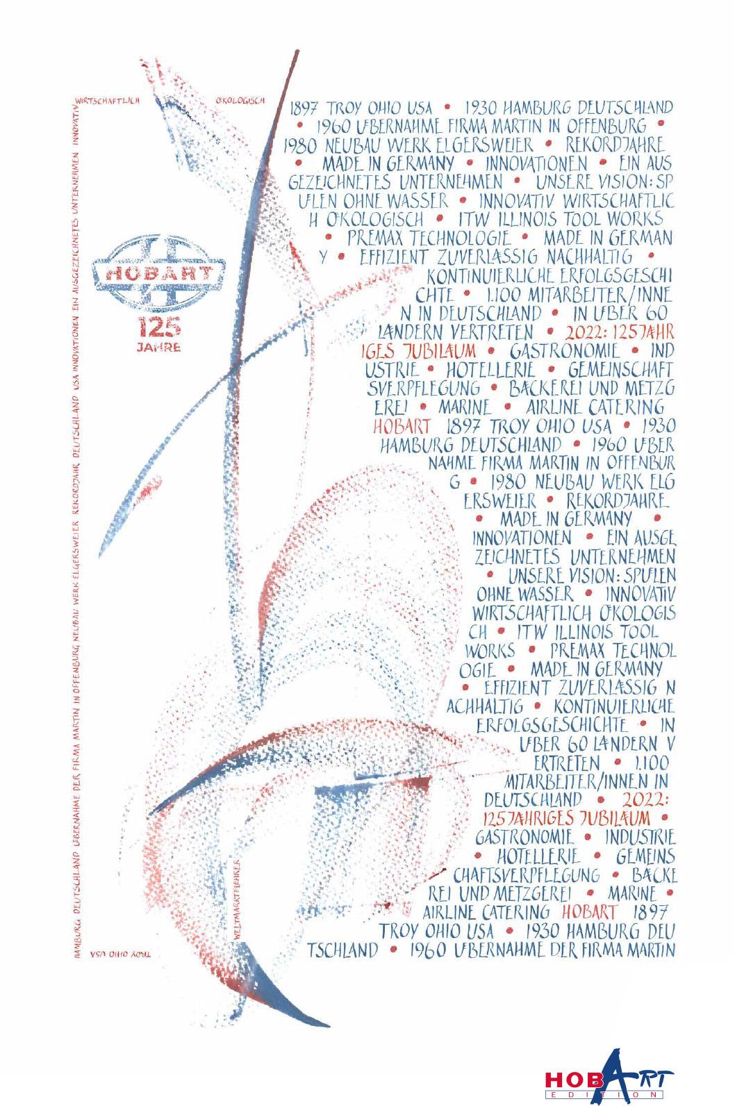 Obra caligráfica de Bärbel Schulz para la edición HOBART 2022, realizada en los colores rojo y azul característicos de la marca. La composición dinámica combina caligrafía expresiva con hitos históricos de la empresa y simboliza 125 años de tradición, innovación y desarrollo orientado al futuro.
