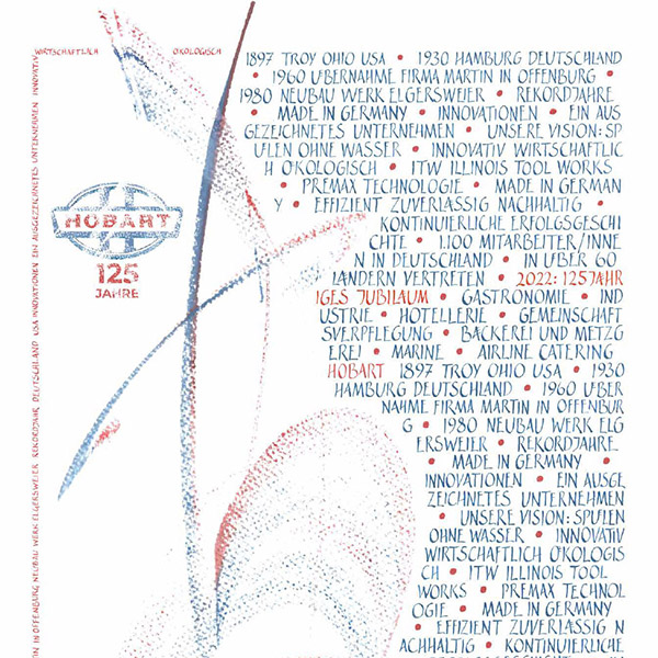 Obra caligráfica de Bärbel Schulz para la edición HOBART 2022, realizada en los colores rojo y azul característicos de la marca. La composición dinámica combina caligrafía expresiva con hitos históricos de la empresa y simboliza 125 años de tradición, innovación y desarrollo orientado al futuro.